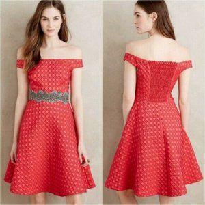 Anthropologie (Moulinette Soeurs) Off Shoulder Fit & Flare Dress, Red, Used